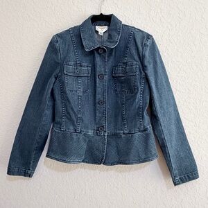 Talbots Womens Medium Washed Flap Pockets Button Up Stretch Blue Denim Jacket 6